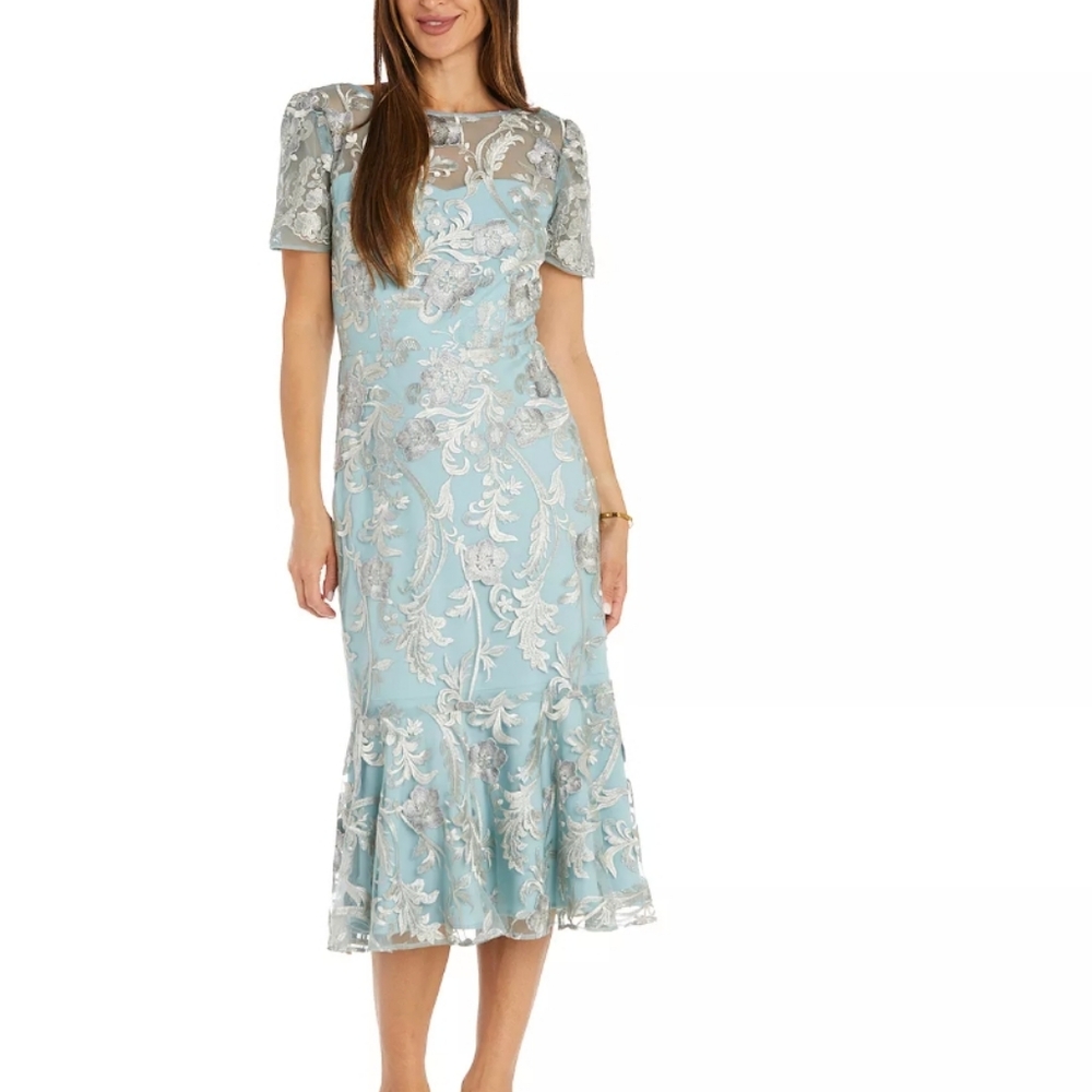 Women's R&M Richards Embroidered‎ Tea Length Flounce Dress Sz. 6